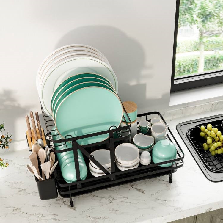 2 Tier Black Metal Foldable Dish Rack with Removable Drip Tray-2