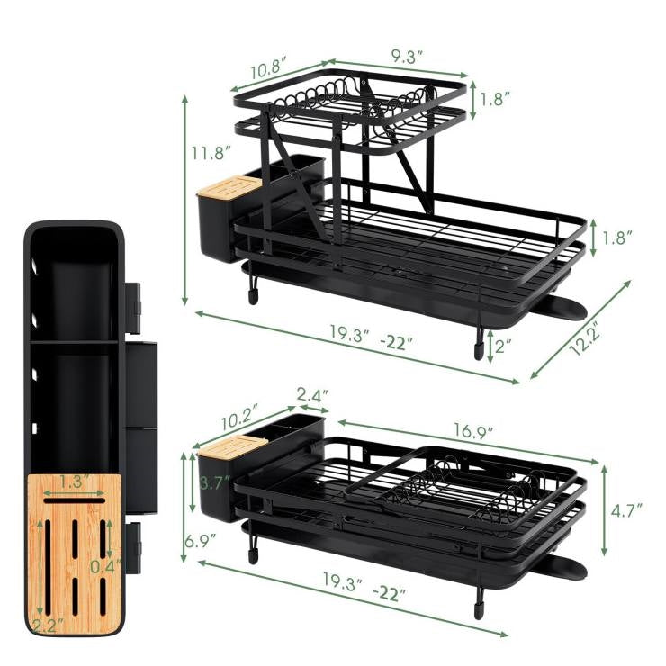 2 Tier Black Metal Foldable Dish Rack with Removable Drip Tray-4