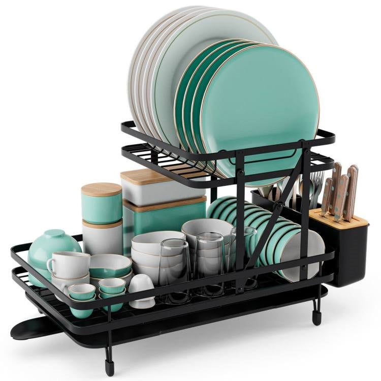 2 Tier Black Metal Foldable Dish Rack with Removable Drip Tray-0