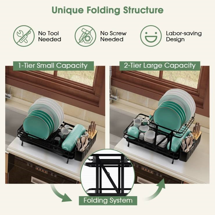 2 Tier Black Metal Foldable Dish Rack with Removable Drip Tray-3