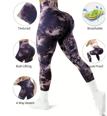 Purple tie-dye leggings with features highlighted on a white background